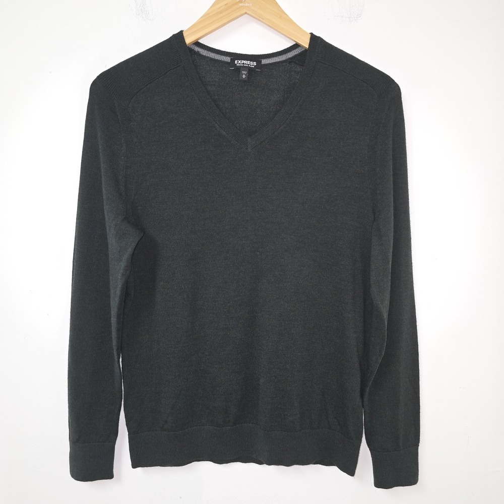 Express Mens Merino Wool Blend Sweater Pullover Dark Green Size M V-Neck Preppy
